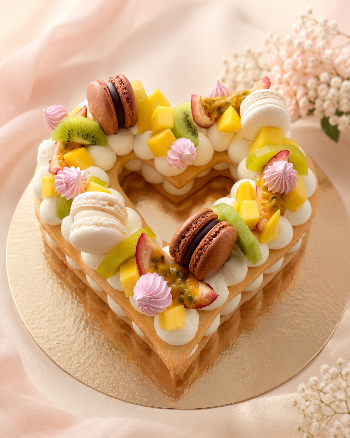 Gâteau cœur aux fruits frais et macarons