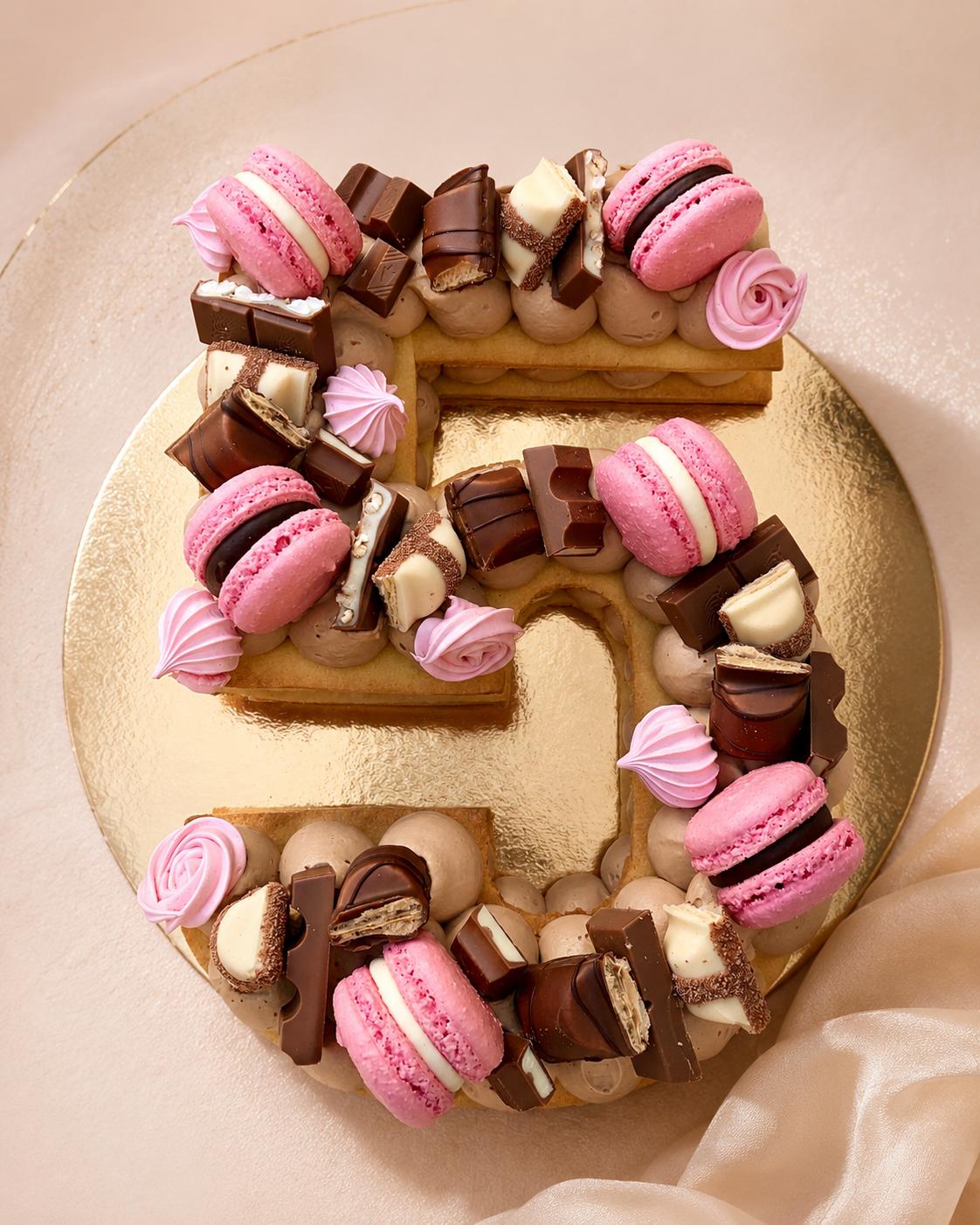 Number Cake 5 macarons roses et chocolat, création signature L'Alchi Pâtissière